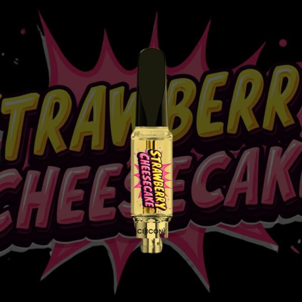 Strawberry Cheesecake vape cartridge with comic-style logo