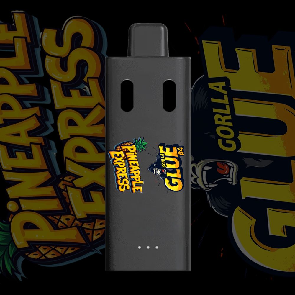 Pineapple Express and Gorilla Glue #4 dual strain vape pen on black background