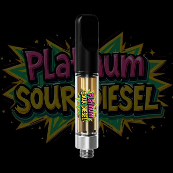 Platinum Sour Diesel vape pen with solventless THC oil and bold graphic label