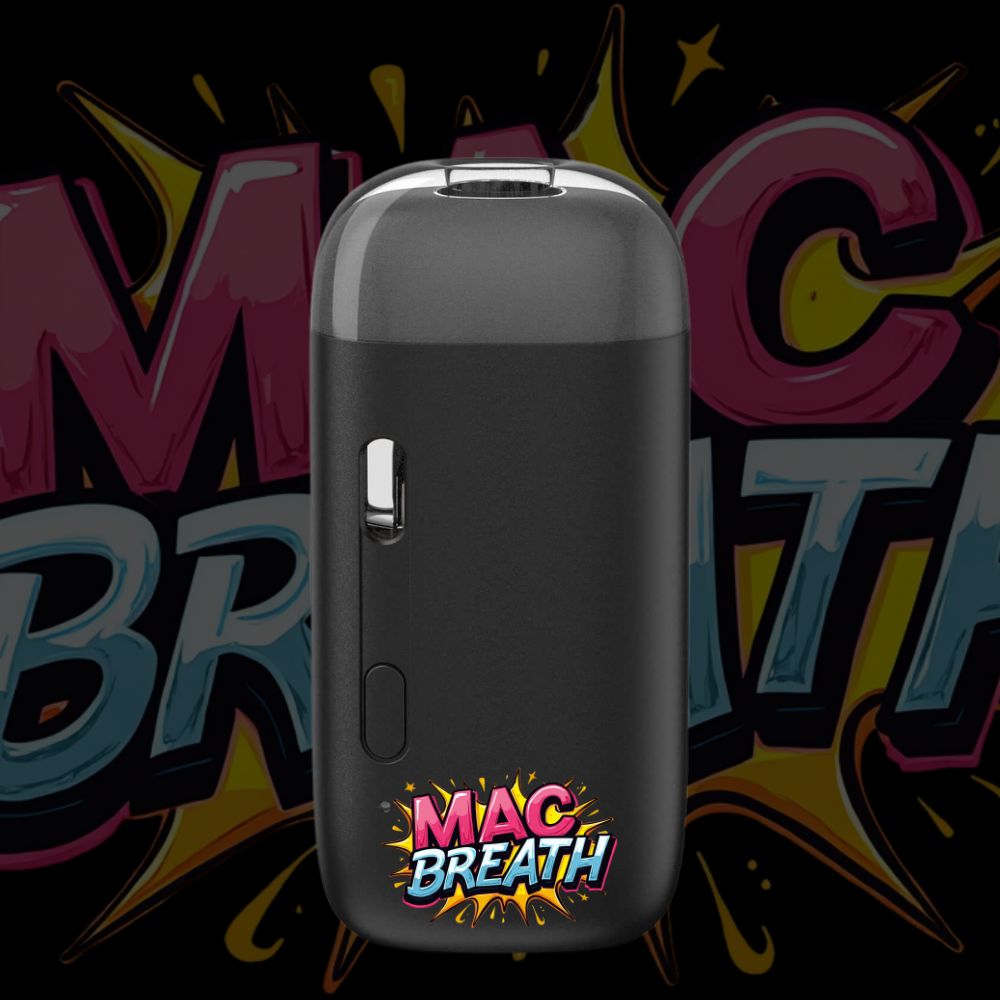 MAC Breath vape pod with artistic comic-style typography and dark body