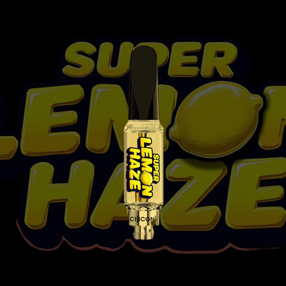 Super Lemon Haze vape cartridge with bright yellow lemon logo