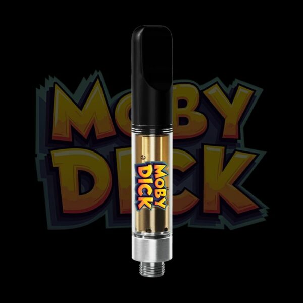 Moby Dick vape cartridge with deep-sea inspired label and golden concentrate