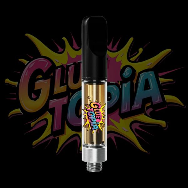 Gluetopia vape pen with colorful explosion-style label and golden THC oil