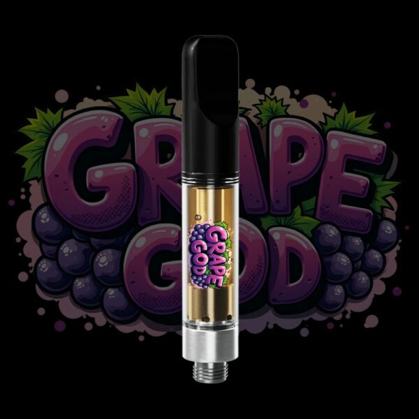 Grape God vape pen with grape-themed logo and golden solventless oil