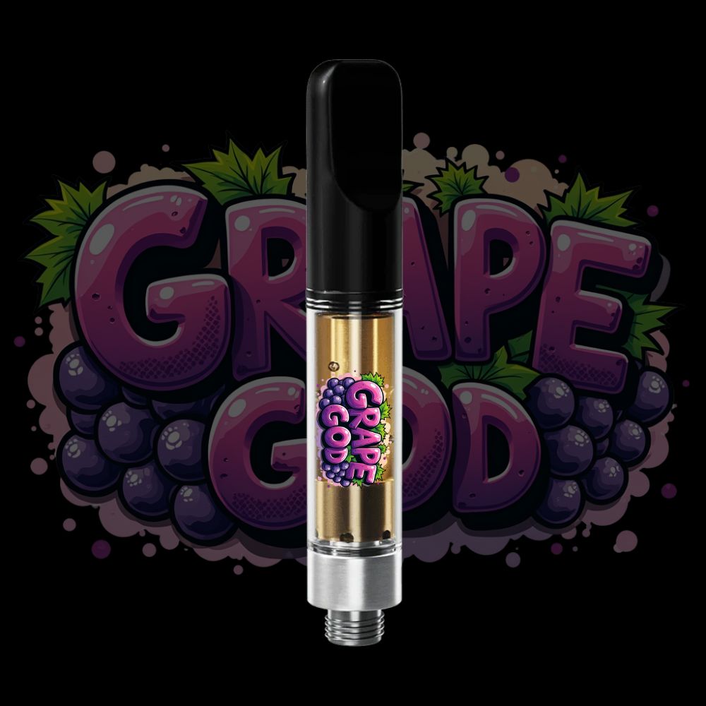 Grape God vape pen with grape-themed logo and golden solventless oil