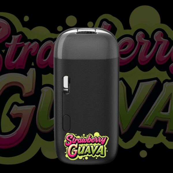 Strawberry Guava disposable vape pen with fruity logo on black background