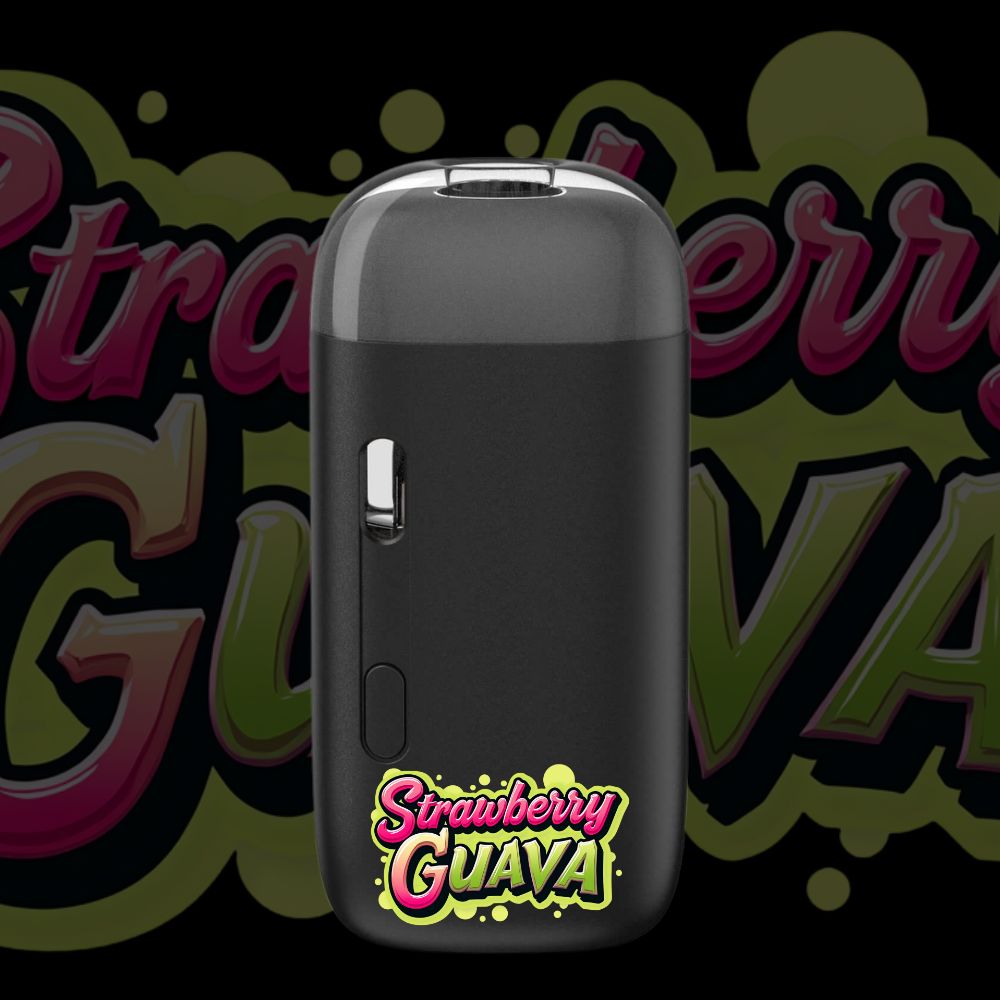 Strawberry Guava disposable vape pen with fruity logo on black background