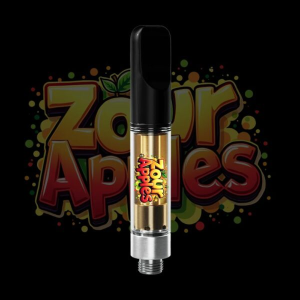 Zour Apples vape pen with vibrant apple-themed logo and premium THC extract