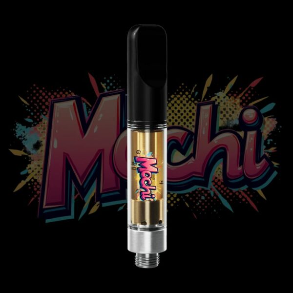 Mochi vape cartridge with soft dessert-style pop art label and golden oil