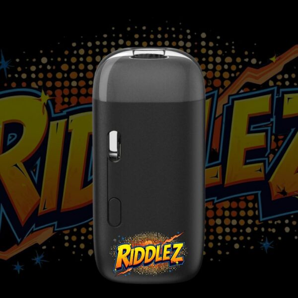 Riddlez disposable vape pen with comic book-style strain logo
