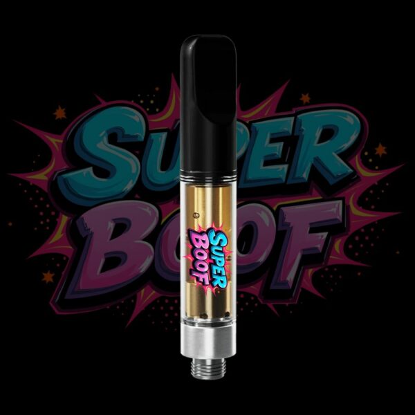 Super Boof vape pen with bold, explosive lettering and rich THC oil