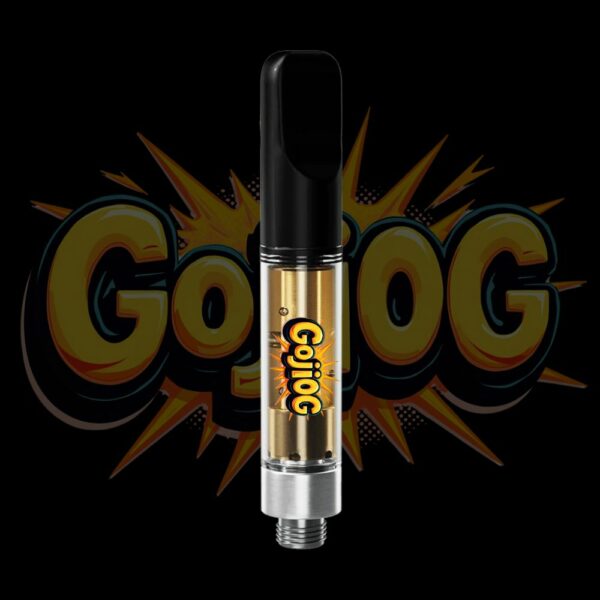 Goji OG vape pen with fiery yellow comic font and golden THC extract