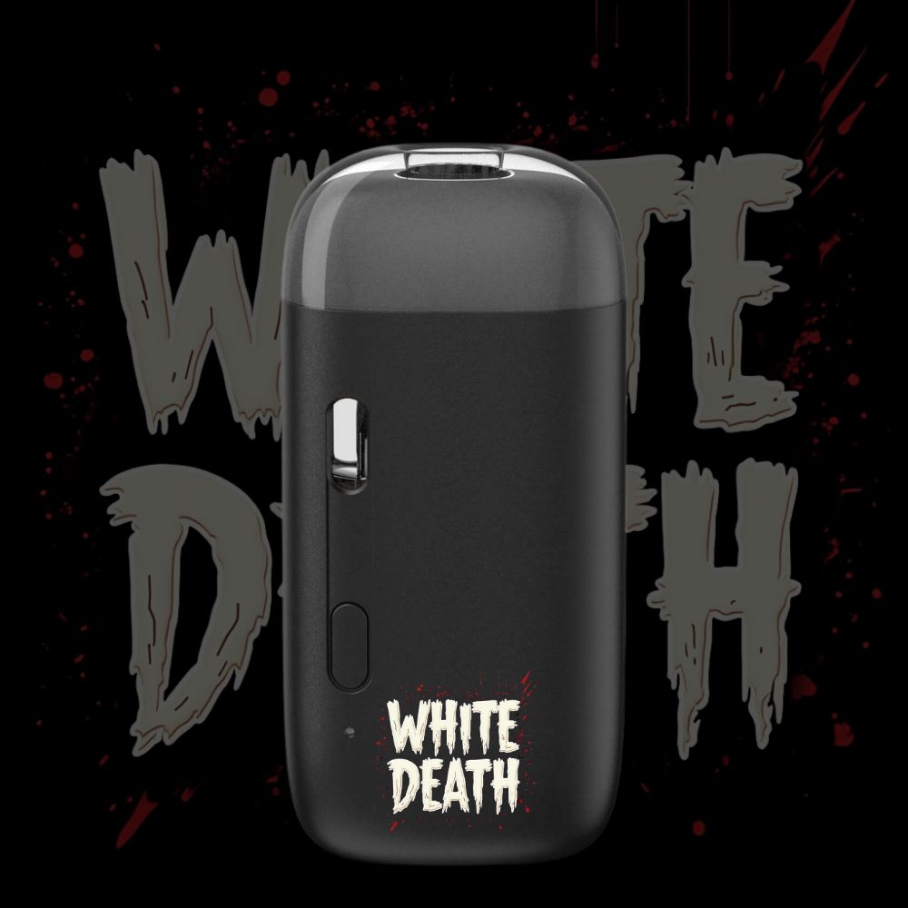 White Death disposable vape pen with horror-style lettering
