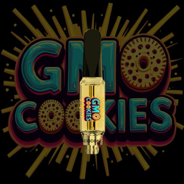 GMO Cookies vape cartridge with bold blue and cookie-patterned font