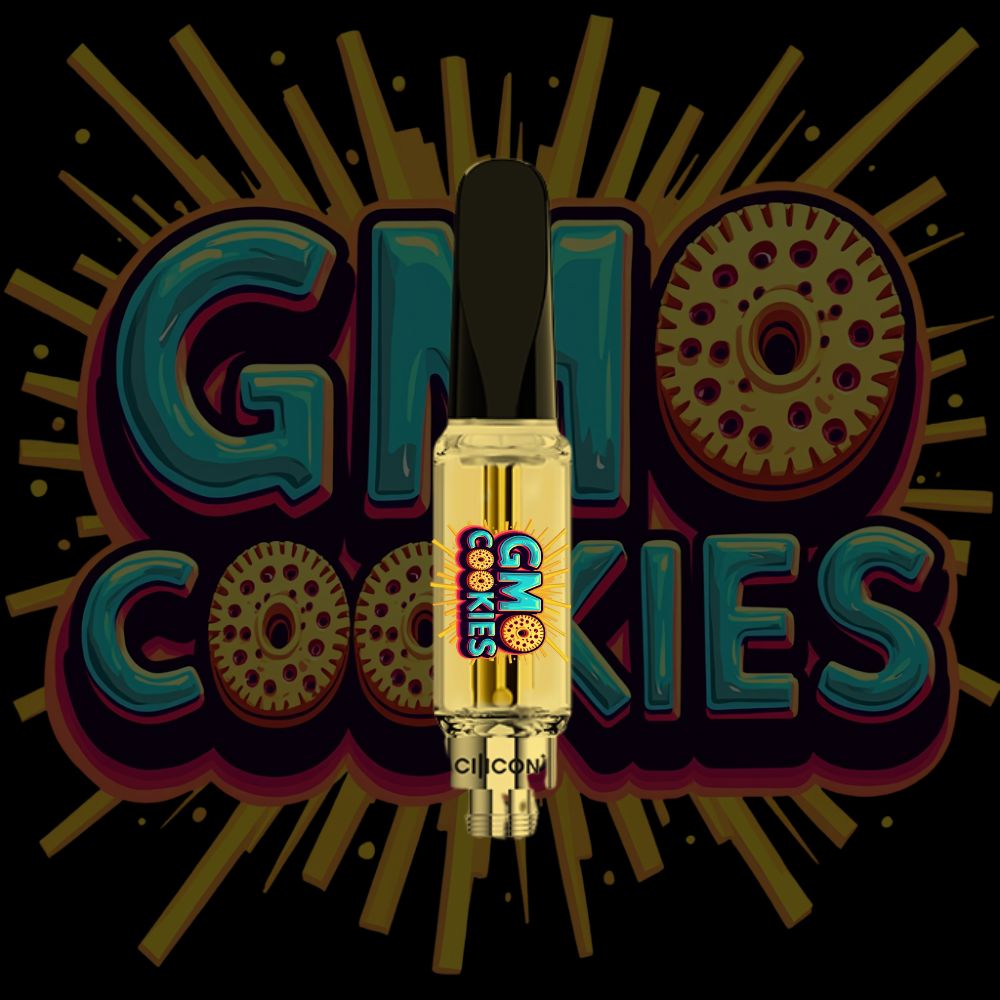 GMO Cookies vape cartridge with bold blue and cookie-patterned font