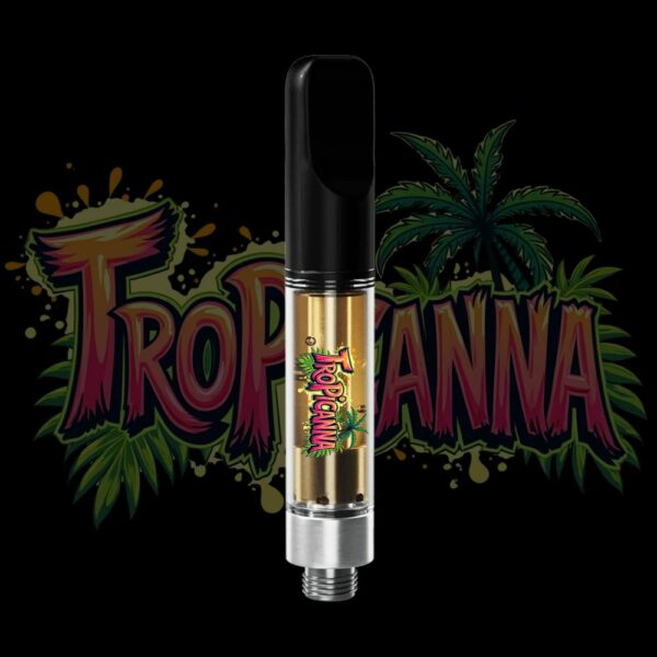 Tropicanna THC vape cartridge with palm-themed logo and golden oil
