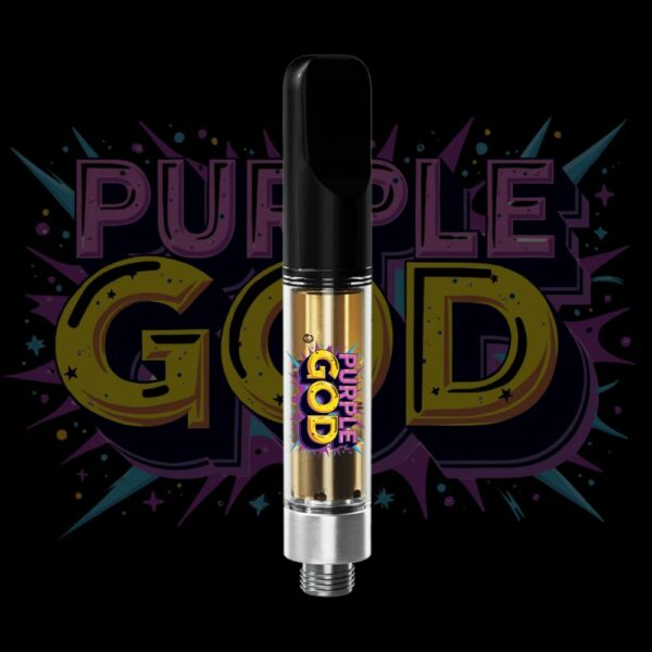 Purple God vape cartridge with cosmic-style label and golden oil