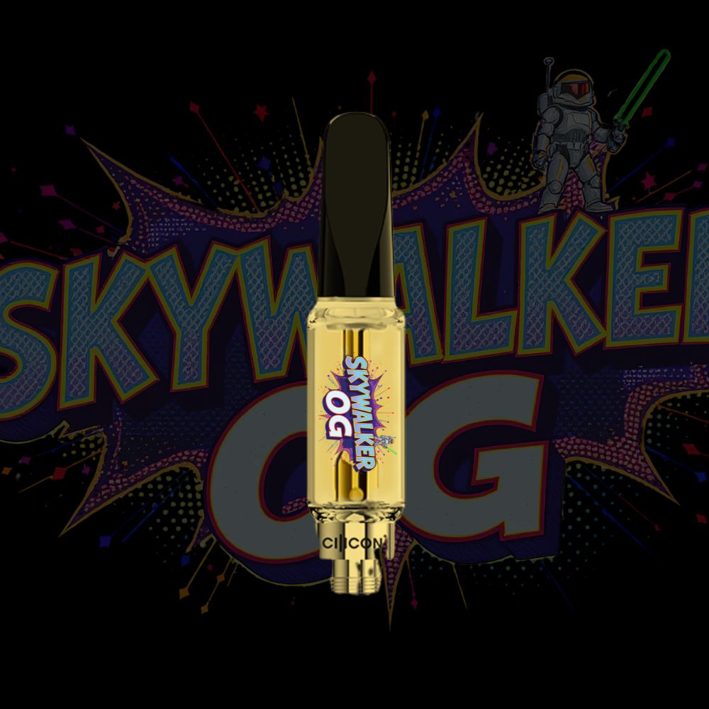 Skywalker OG vape cartridge with starry space-themed background