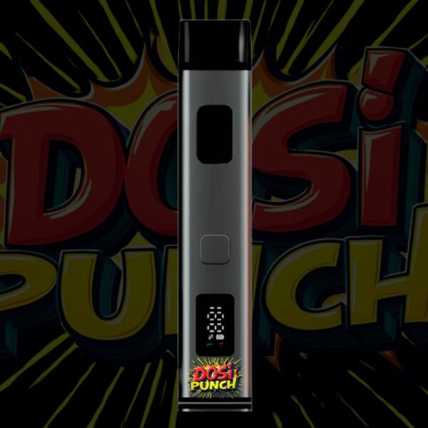 Dosi Punch disposable vape pen with explosive comic-style label and golden THC oil