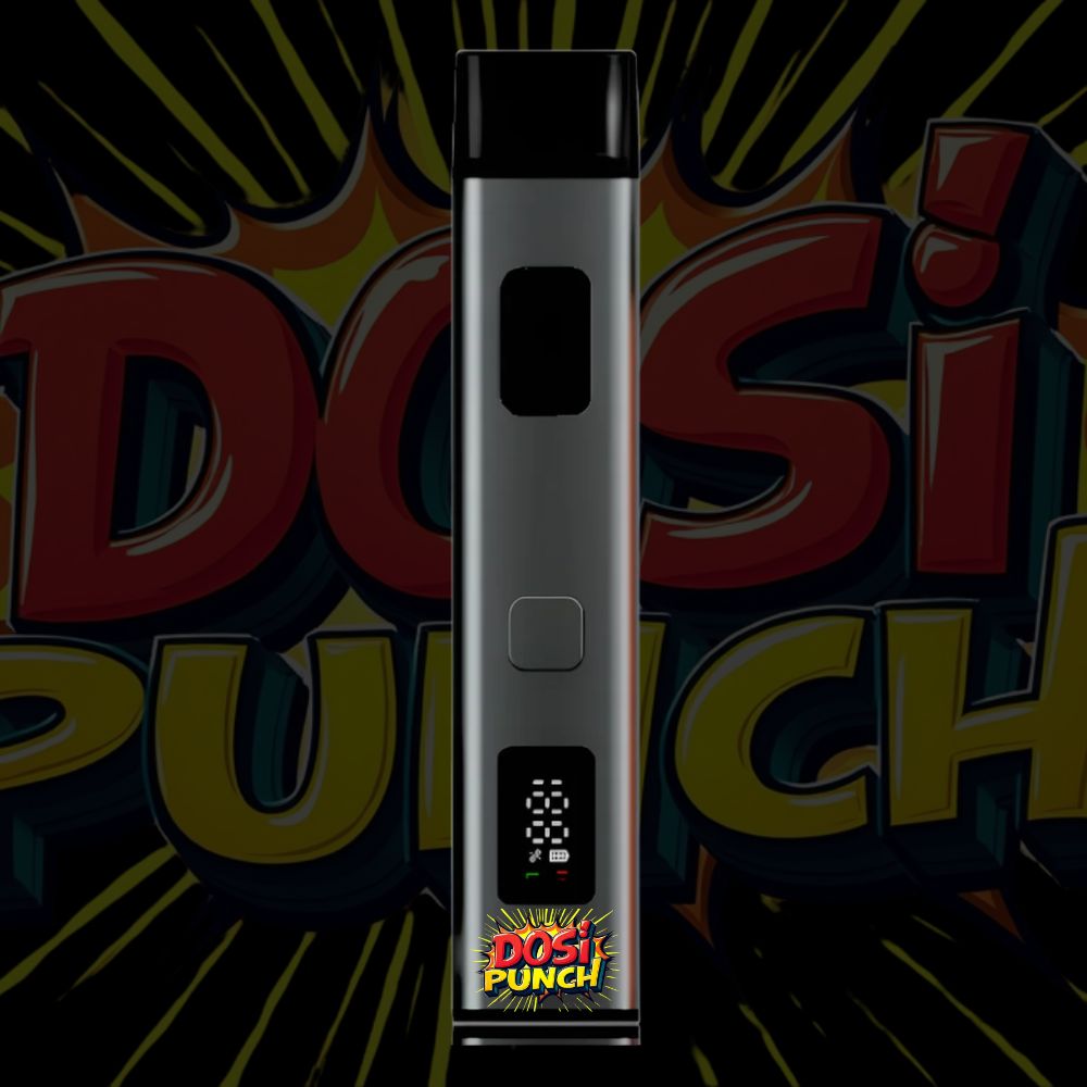 Dosi Punch disposable vape pen with explosive comic-style label and golden THC oil