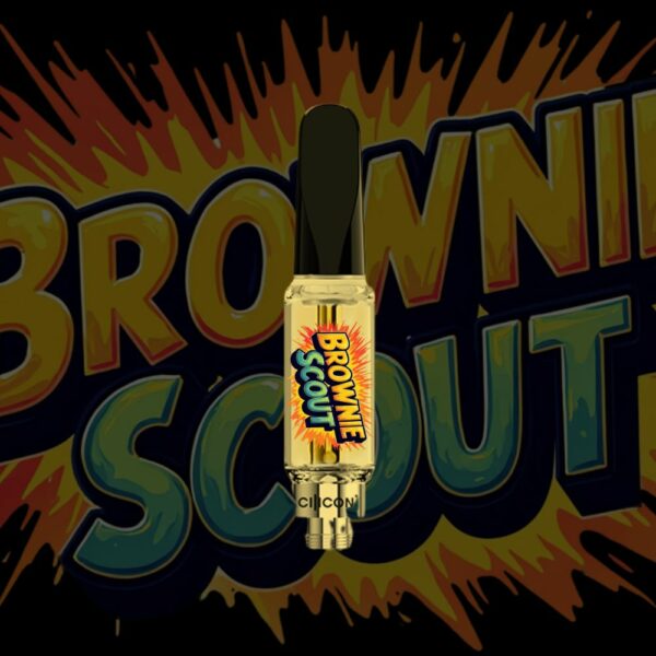 Brownie Scout vape cartridge with explosive orange and blue text