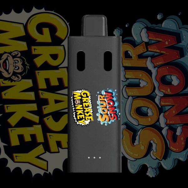 Grease Monkey and Sour Snow disposable vape pen with colorful strain branding