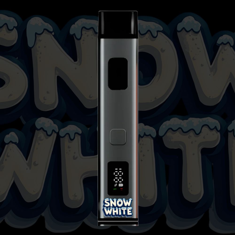 Snow White disposable vape pen with icy-themed label and silver finish