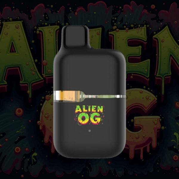 Alien OG disposable THC vape pen with neon green and yellow label