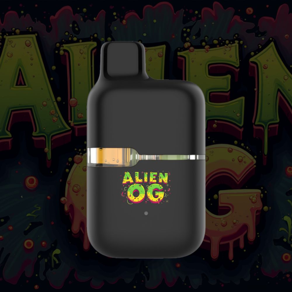 Alien OG disposable THC vape pen with neon green and yellow label