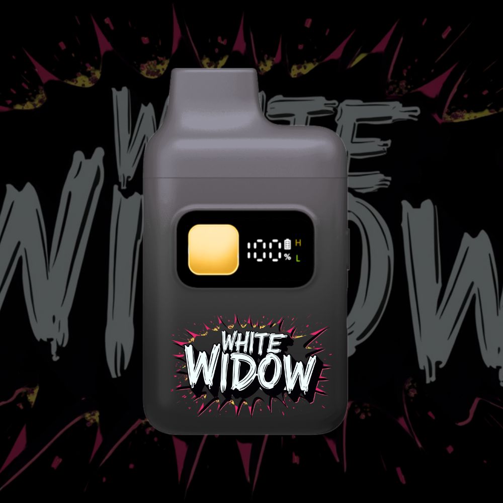 White Widow THC vape pen – dark device with white splash branding