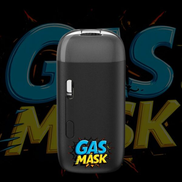 Gas Mask pod vape with dark lettering and compact black chassis