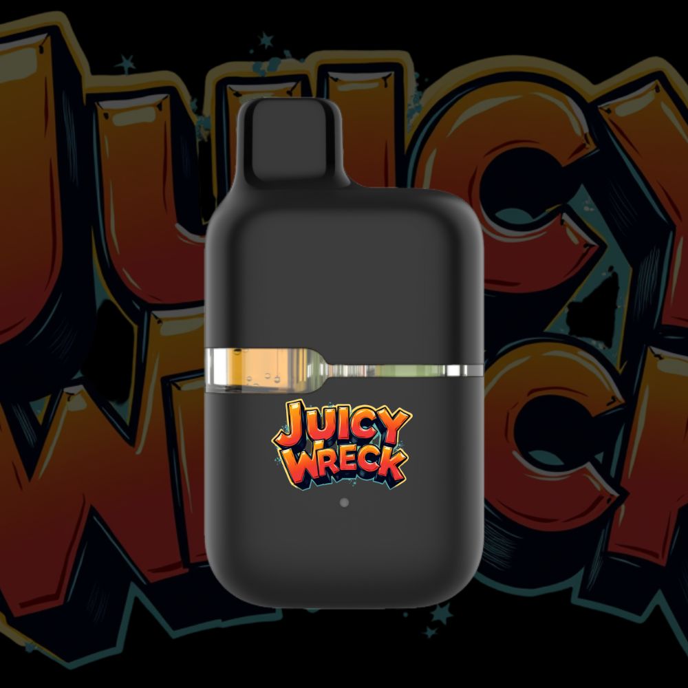 Juicy Wreck disposable vape pen with orange and red text on sleek black body