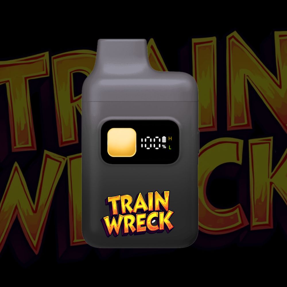 Trainwreck disposable THC vape pen – bold text with fiery style