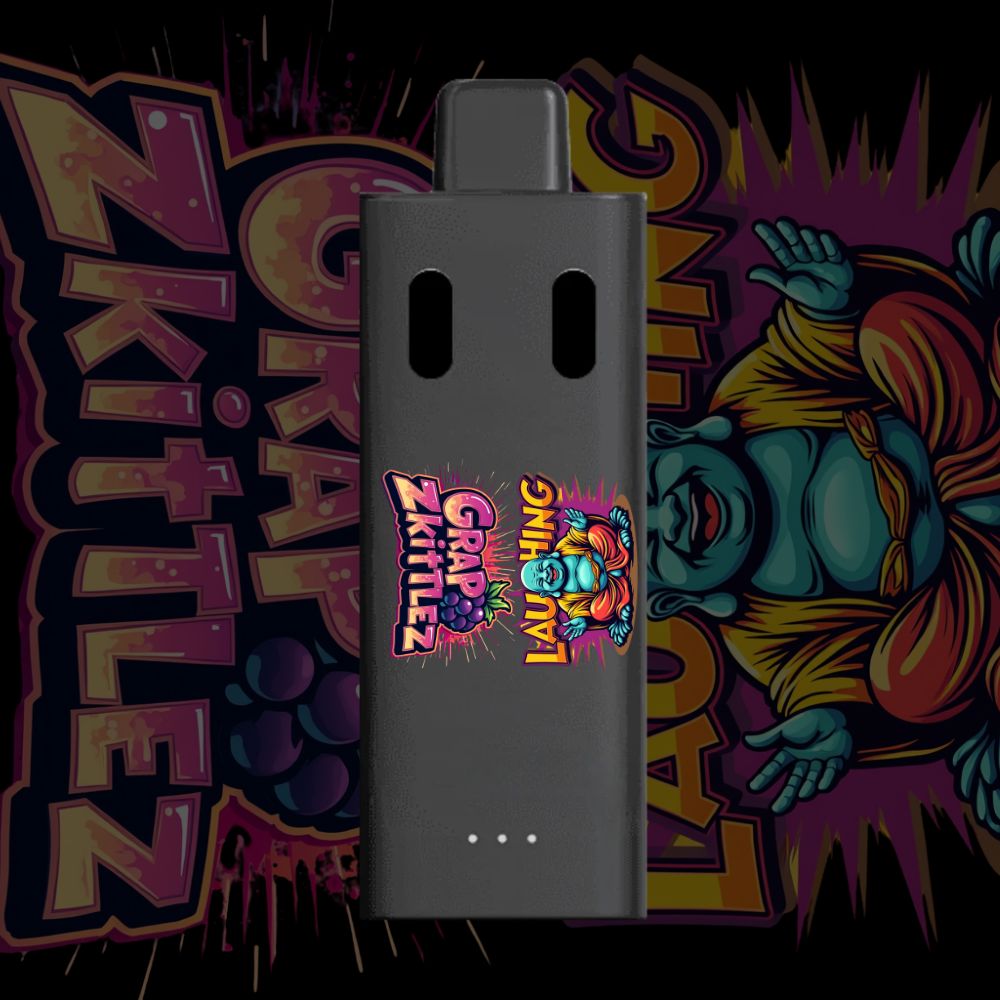 Grape Zkittlez and Laughing Buddha vape pen with vibrant branding