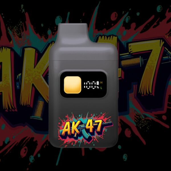 AK-47 disposable vape device – black and red design with bold font
