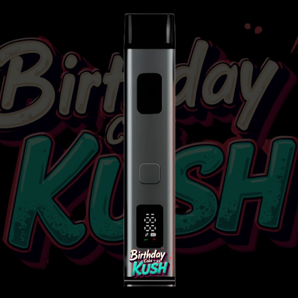 Birthday Cake Kush disposable vape pen with festive logo and soft glow