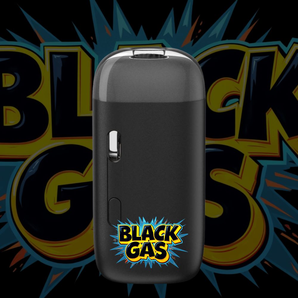 Black Gas vape pod with explosive dark label and modern design