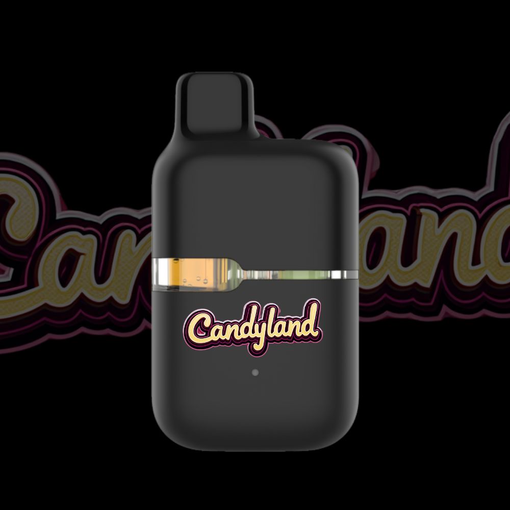 Candyland vape pen with retro cream-colored logo against a black background