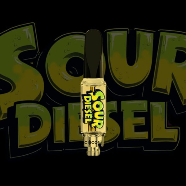 Sour Diesel vape cartridge with grungy green graffiti text