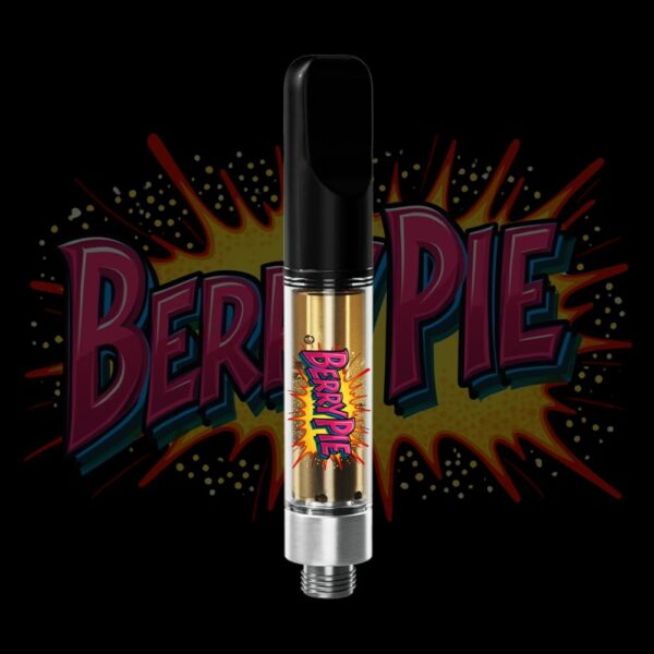 Berry Pie vape pen with comic-style burst logo and golden oil