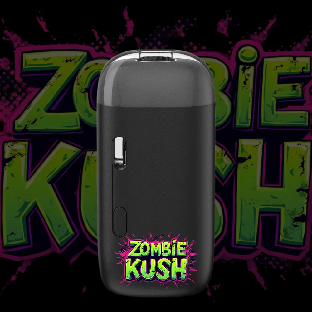 Zombie Kush disposable pod vape with neon green logo and dark finish