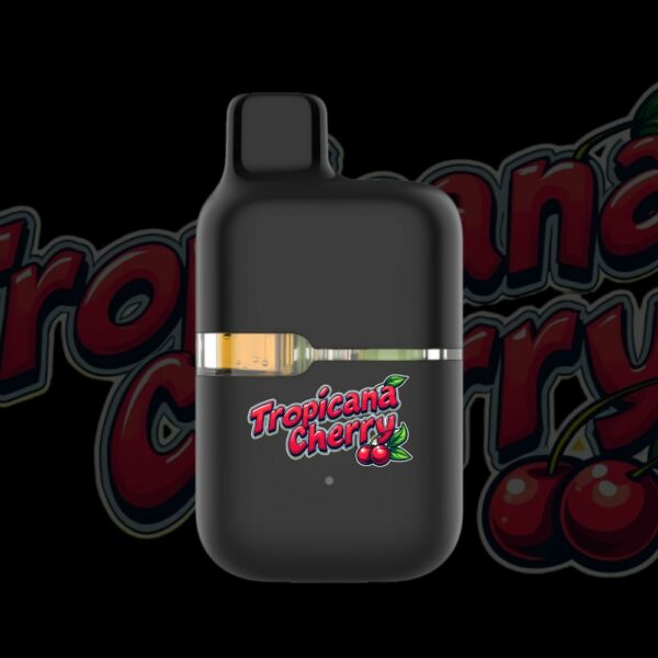 Tropicana Cherry disposable vape pen with cherry-themed text and black body