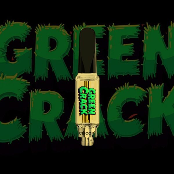 Green Crack vape cartridge with jagged green lettering