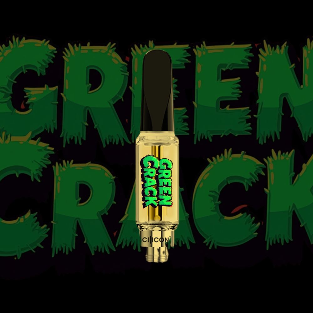 Green Crack vape cartridge with jagged green lettering