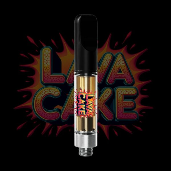 Lava Cake vape cartridge with molten-themed font and rich THC oil