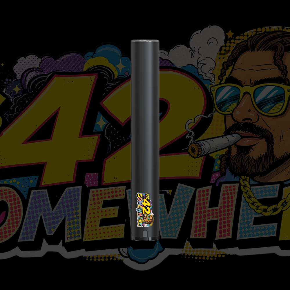 It's 4:20 Somewhere CCELL Battery with custom print on a black 510-thread vape pen, cartoon-style background featuring a chill character smoking.