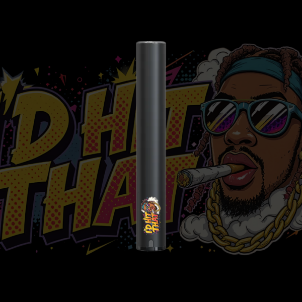 I'D HIT THAT CCELL Battery with custom cartoon-style logo printed on a sleek black 510 vape pen, set against a bold pop-art background.