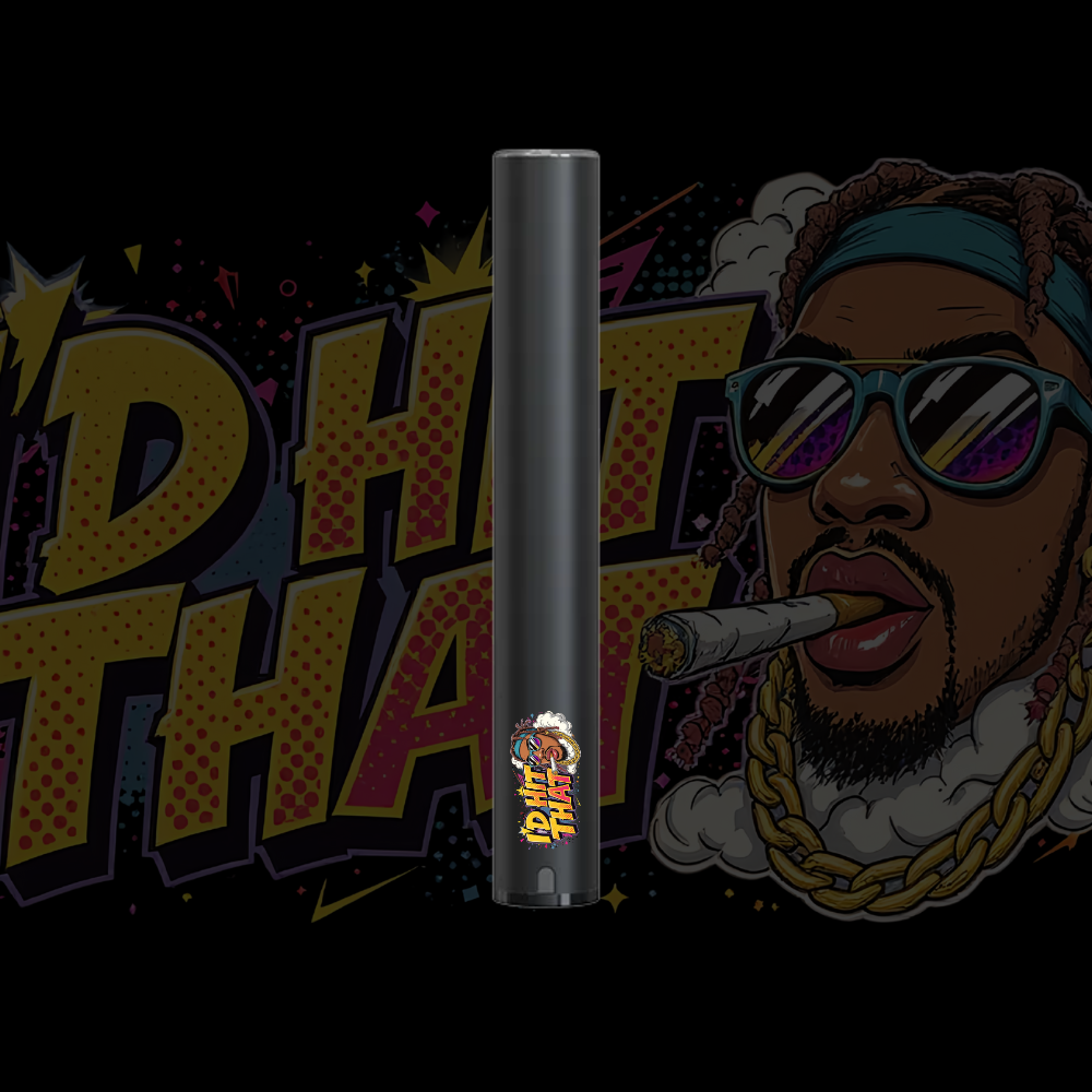 I'D HIT THAT CCELL Battery with custom cartoon-style logo printed on a sleek black 510 vape pen, set against a bold pop-art background.