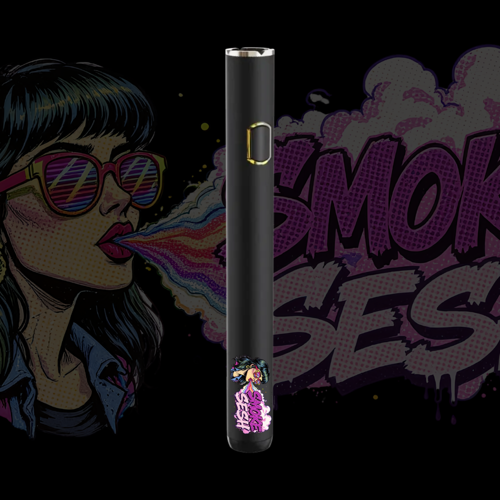 Custom Root 510 vape battery with “Smoke SESS” artwork featuring a woman exhaling rainbow smoke