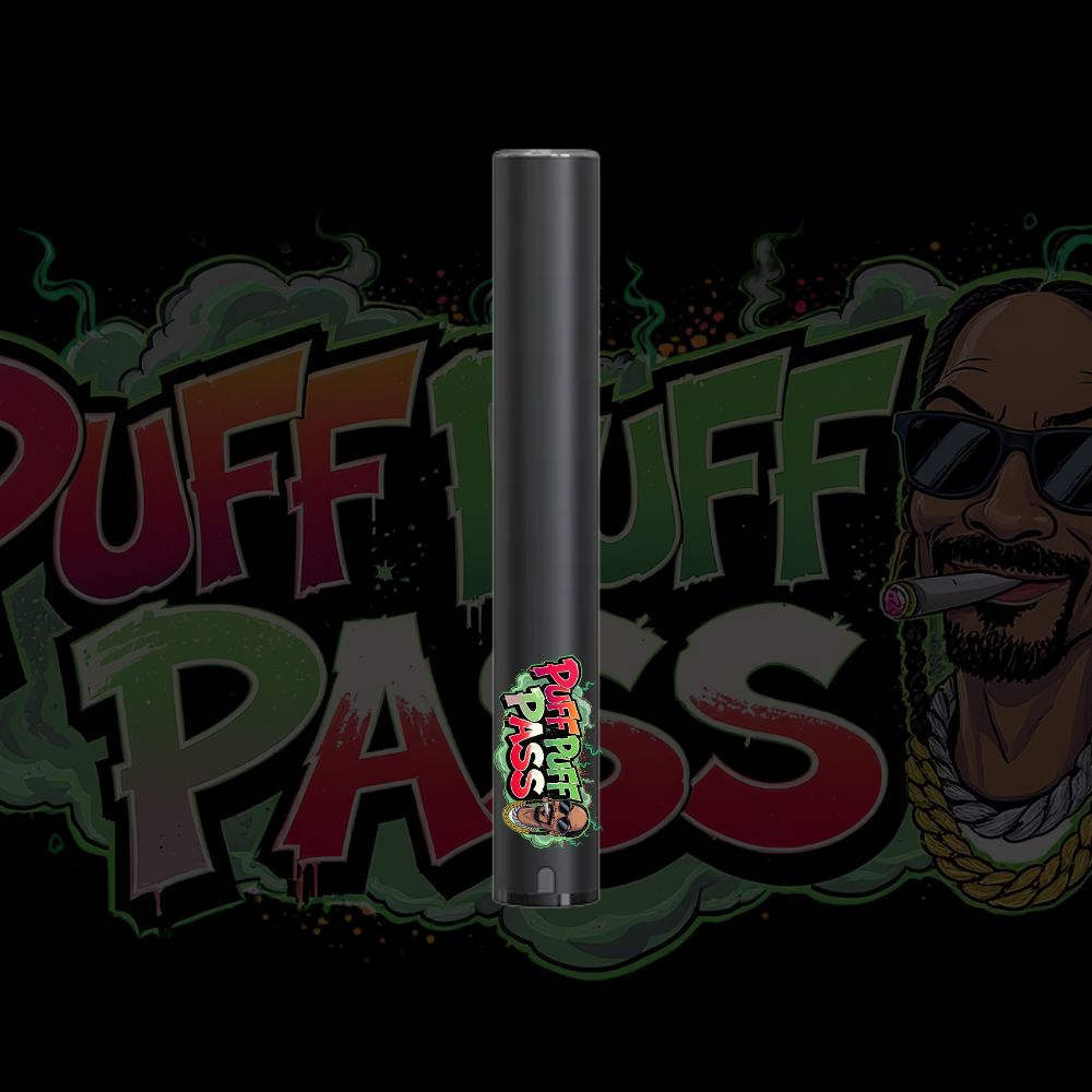 Puff Puff Pass CCELL Battery with custom logo printed on a sleek black 510 vape pen.